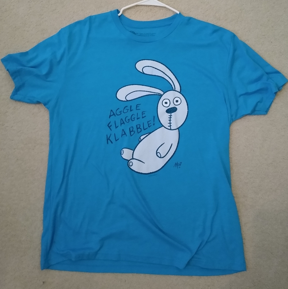 Knuffle Bunny book Unisex XL t-shirt.  Turquoise cotton/poly blend.